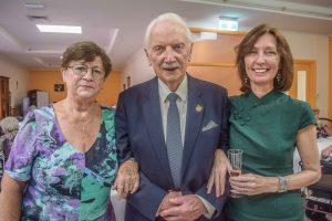 From left: Clara Korompay with former President of the Hungarian Catholic Community, George Goor and CEO of St Elizabeth Home, Judith Gonye, celebrating Mr Goor’s 90th birthday. PHOTO SUPPLIED.