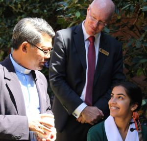 Bishop Vincent met students and staff at the college. Image: OLMC Parramatta. 