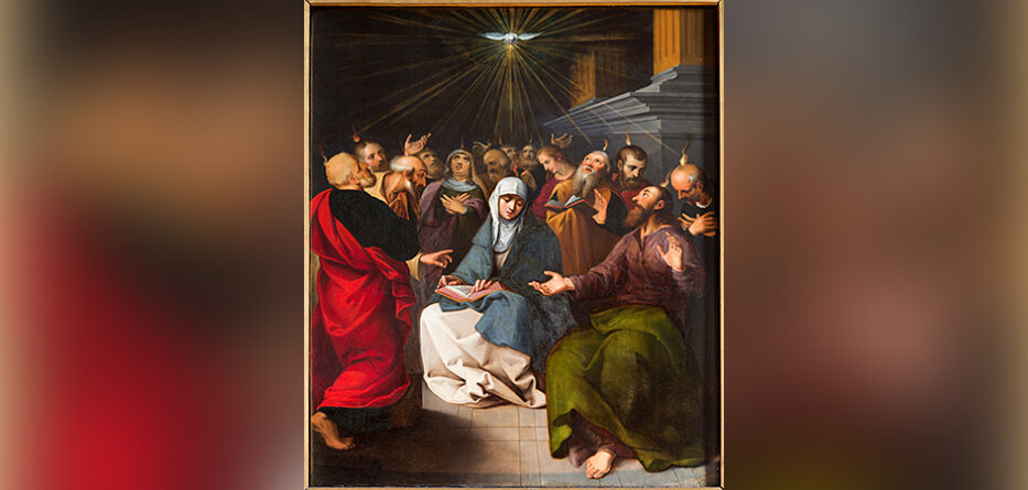 Painted scene of disciples at Pentecost