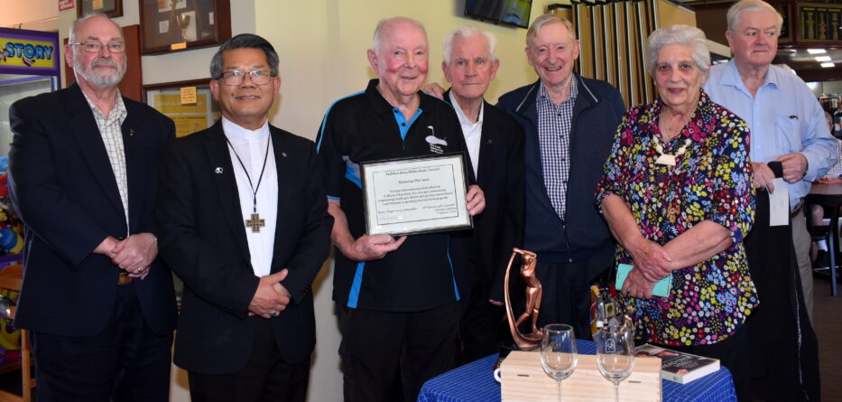 Bishop Vincent with Brendan McCann, family and Patrician Brothers friends. Image: Diocese of Parramatta/Maureen Rose Photography.