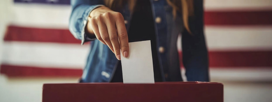 Woman places vote in ballot box for US election.