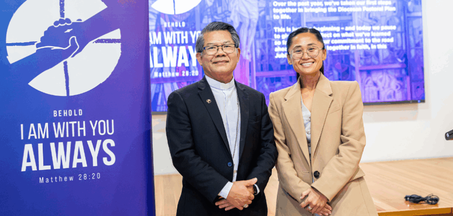 Bishop Vincent Long OFM Conv, Bishop of Parramatta and Qwayne Guevara, Mission Enhancement Team leader, at the first anniversary of the Diocesan Pastoral Plan. Image: Alphonsus Fok/Diocese of Parramatta.