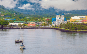 View of the water front of the capital city Apia, Samoa, with the cathedral of the Immaculate Conception prominent in the skyline. Image: Shutterstock.