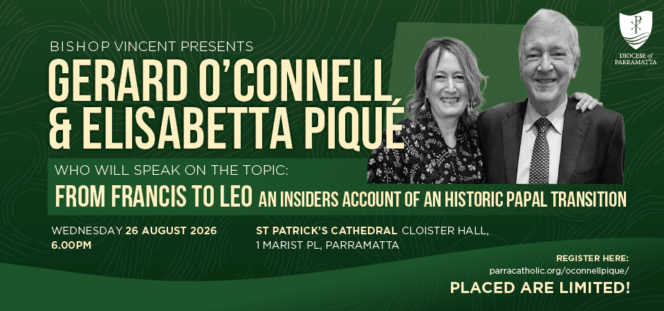 Bishop Vincent Presents Vatican experts Gerard O’Conell and Elisabetta Pique
